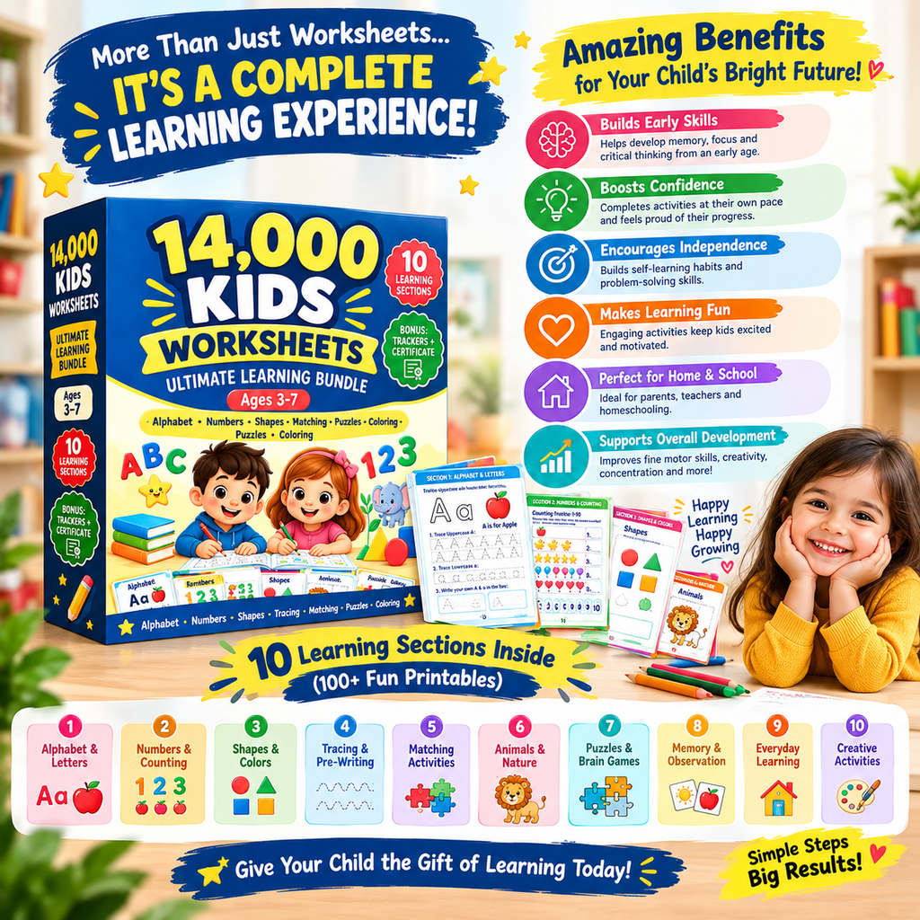 14,000 Kids Worksheets – Ultimate Learning Bundle